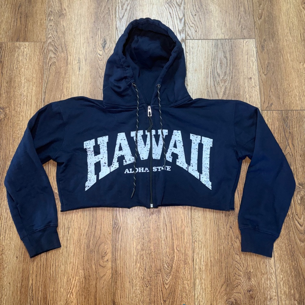 RR Hawaii Resort Navy Blue Cropped Zip Up Hoodie Hawaii Aloha State Womens M